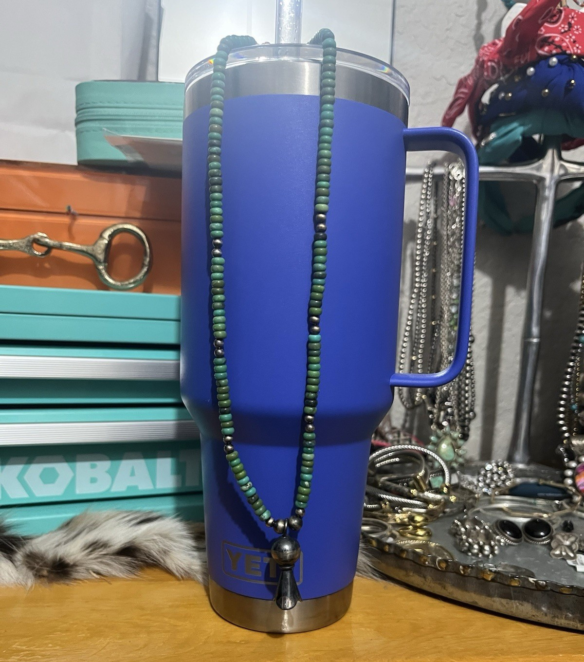 Green Beaded Necklace with Silver Tone Charm Tassel Pendant, Round Beads
