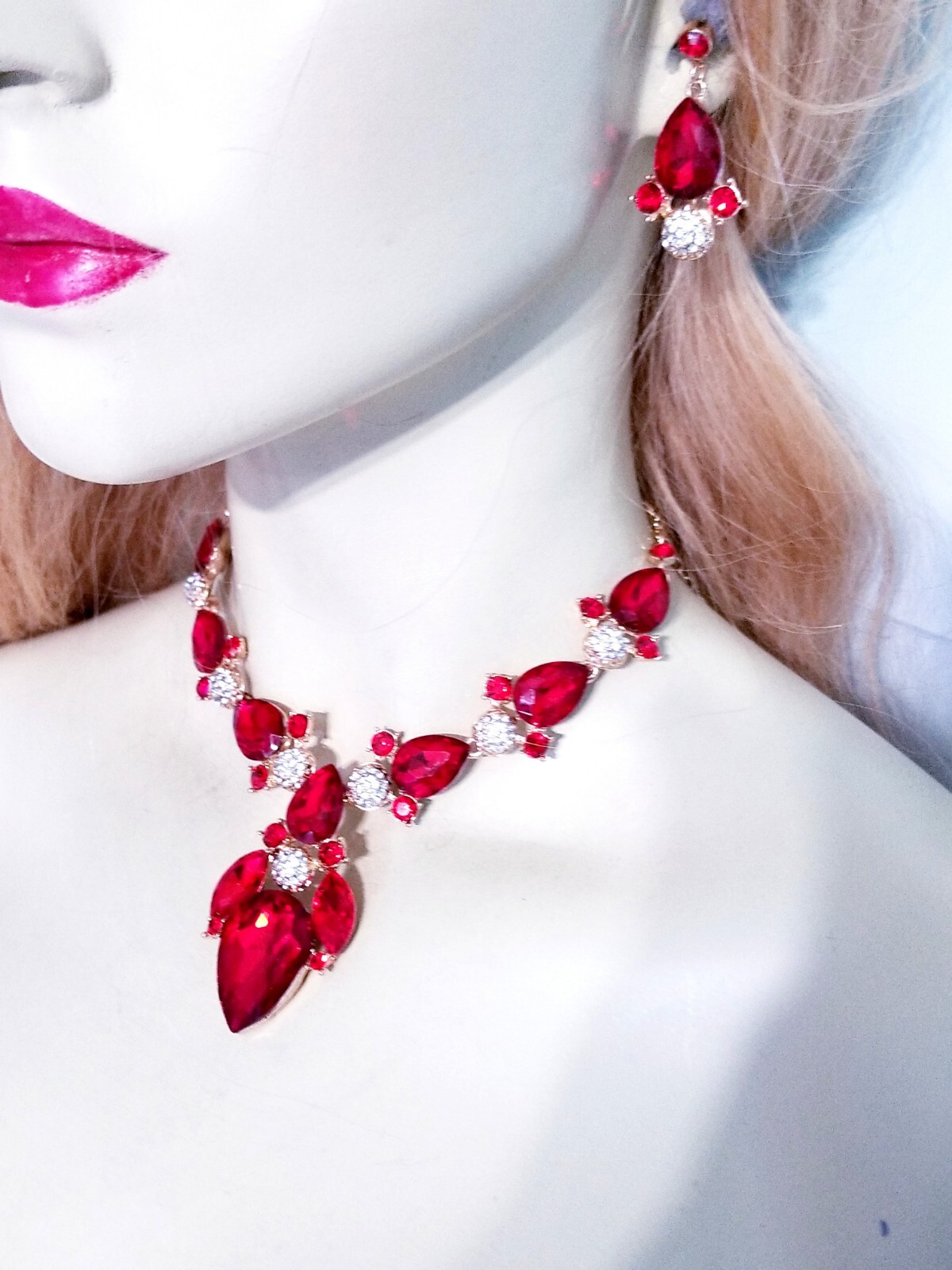Red Crystal Choker Rhinestone Necklace Earring Set Bridal Prom Pageant