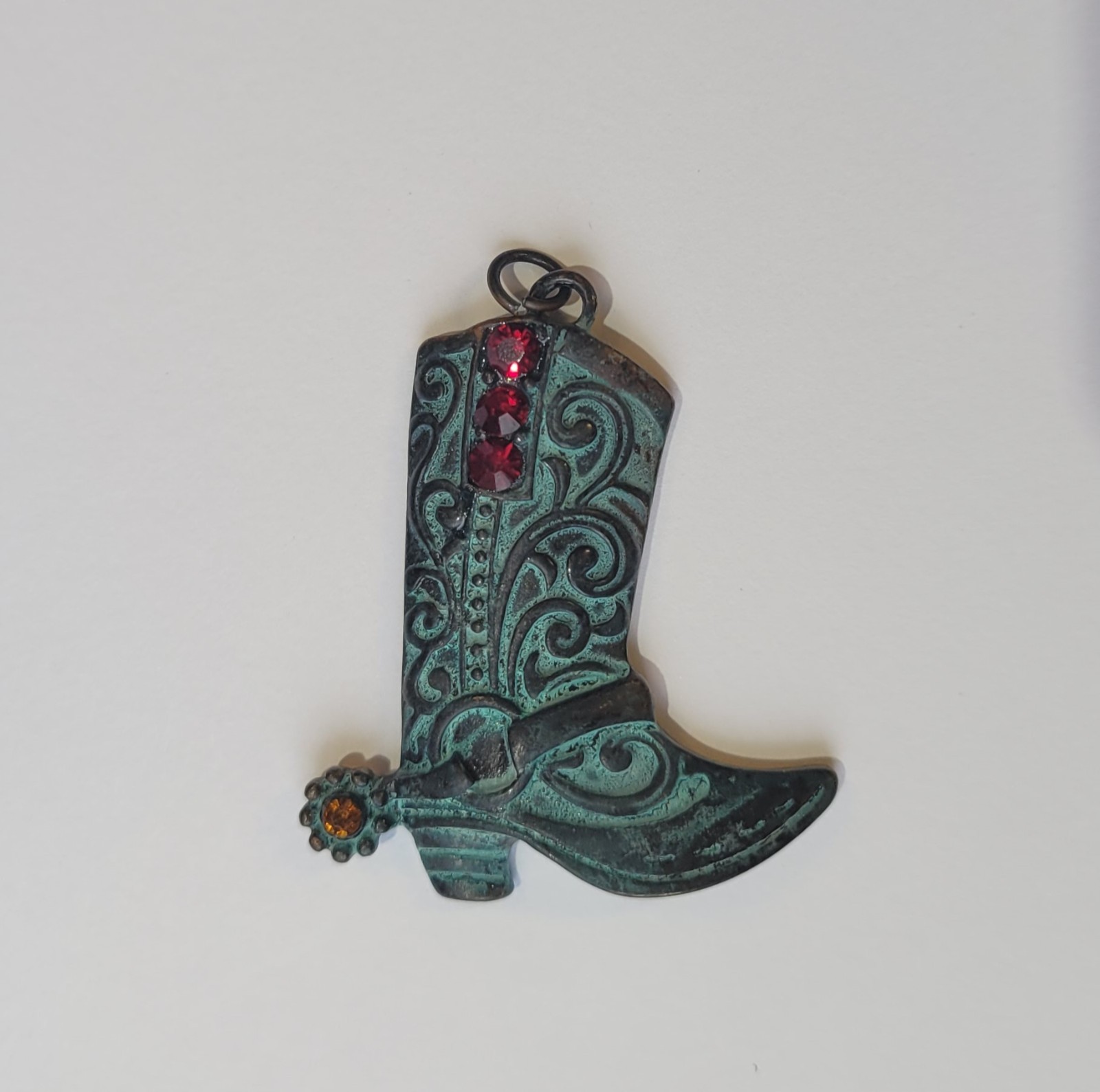 Western Cowgirl Pendant Jeweled Decorative Cowboy Boot With Spur And Nice Patina