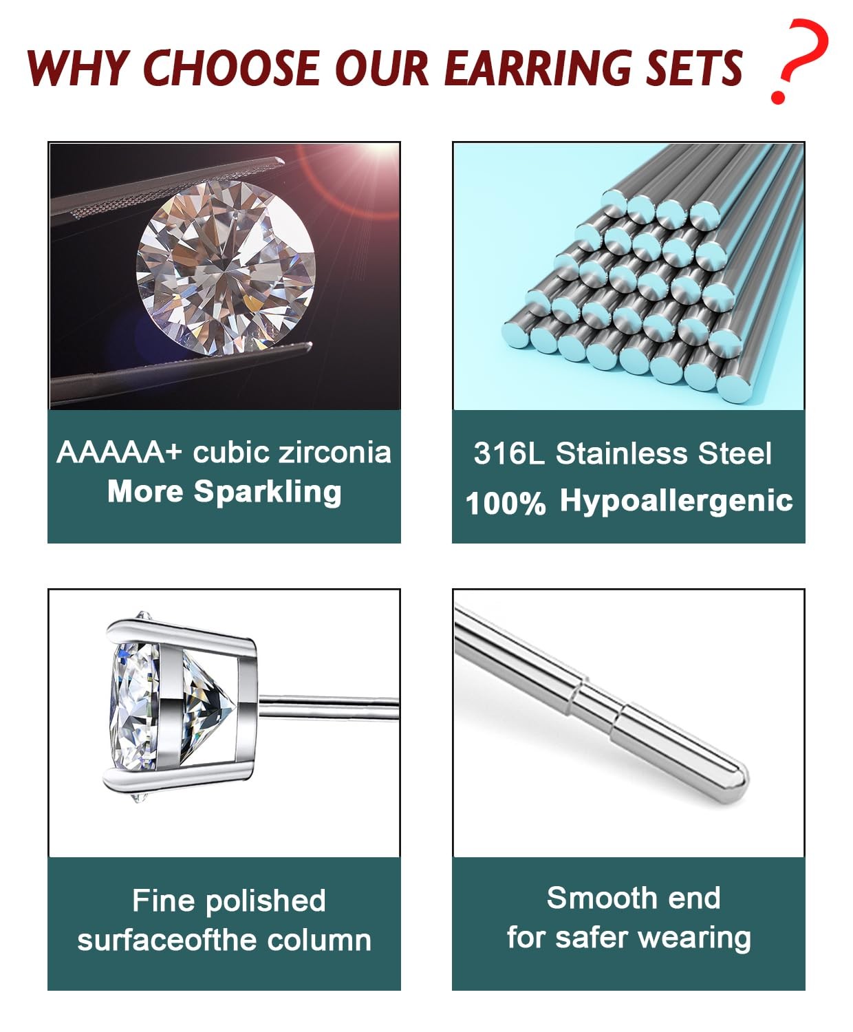 4 Pairs Silver Stud Earrings Set for Multiple 6 millimeters, Silver-B-1