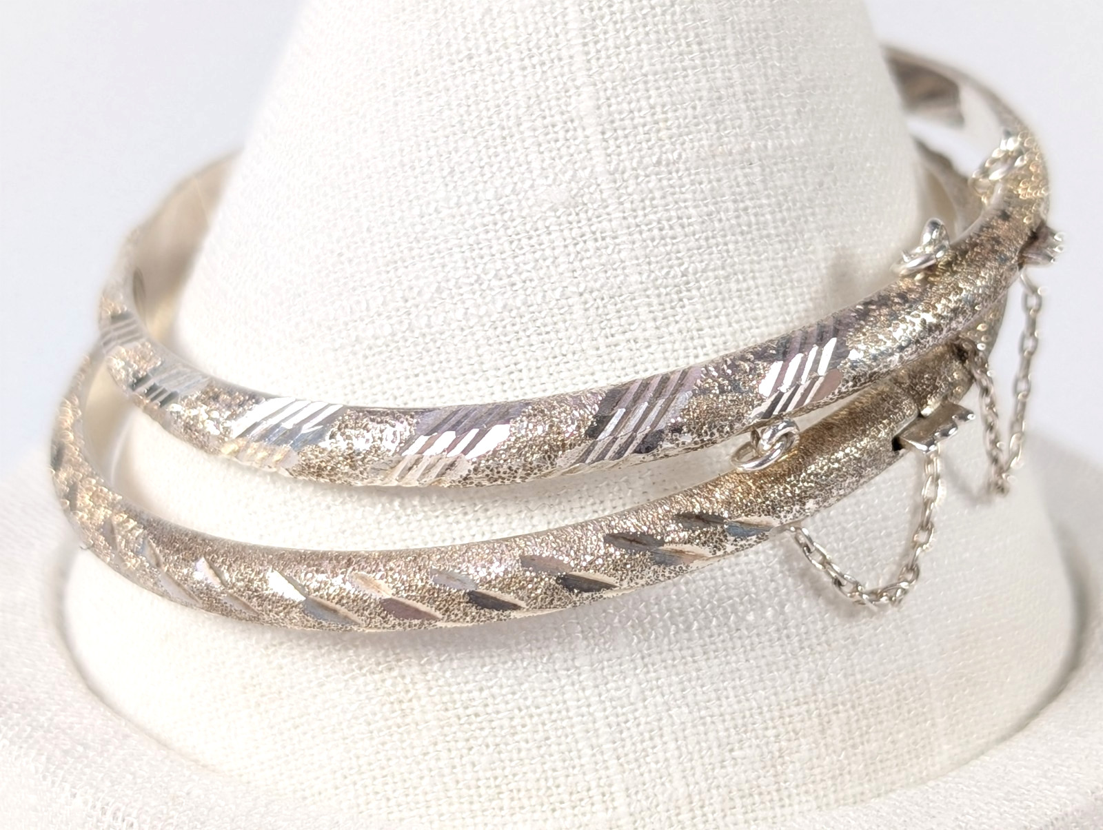 Vtg Sterling Silver 925 Bangle Bracelet LOT Hinged Diamond Cut Etched 5mm/ 19.2g