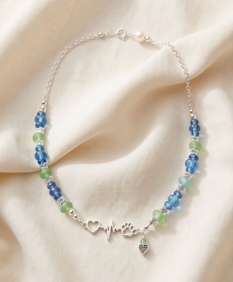 Silver Tone Blue & Green Glass Beaded Necklace Heart Paw Print Charm
