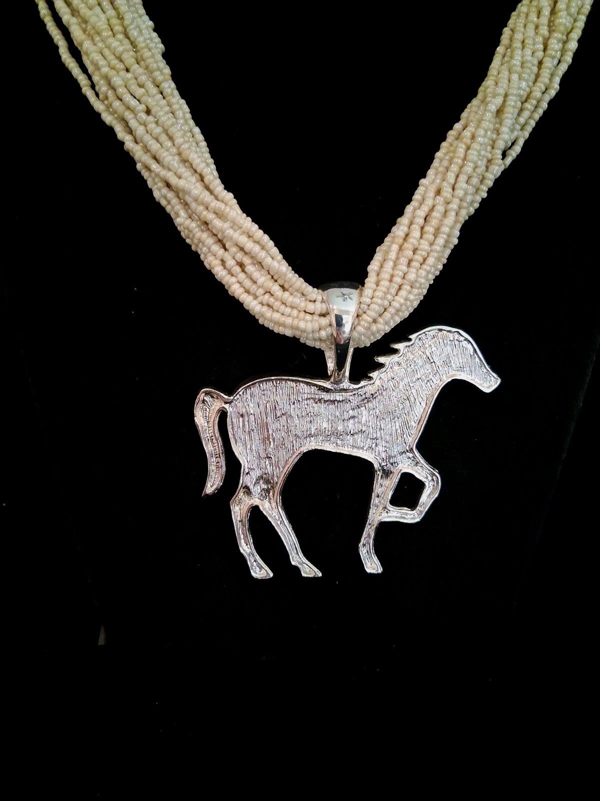 Native Amer. Multicolor Inlay Enamel Horse Pendant On A Multistrand Beaded Chain