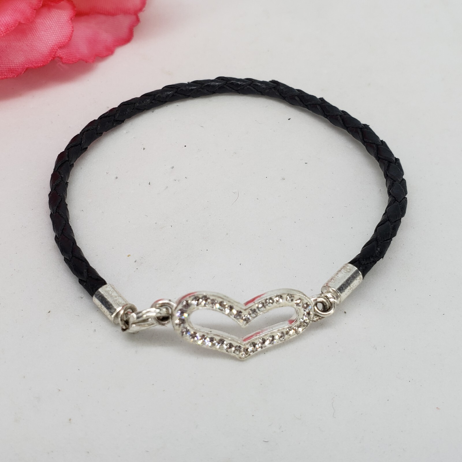 Marked 925 STERLING SILVER Crystal Heart Black Cord Bracelet