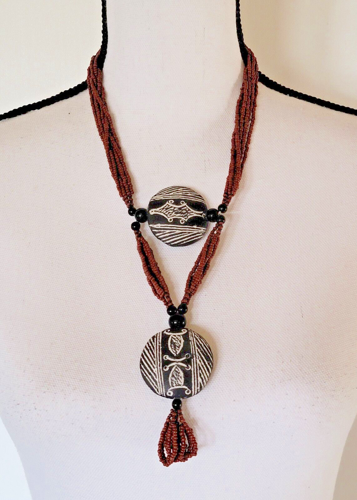 Vintage African Terracotta Pendant Necklace Beaded Handmade Brown Black & White
