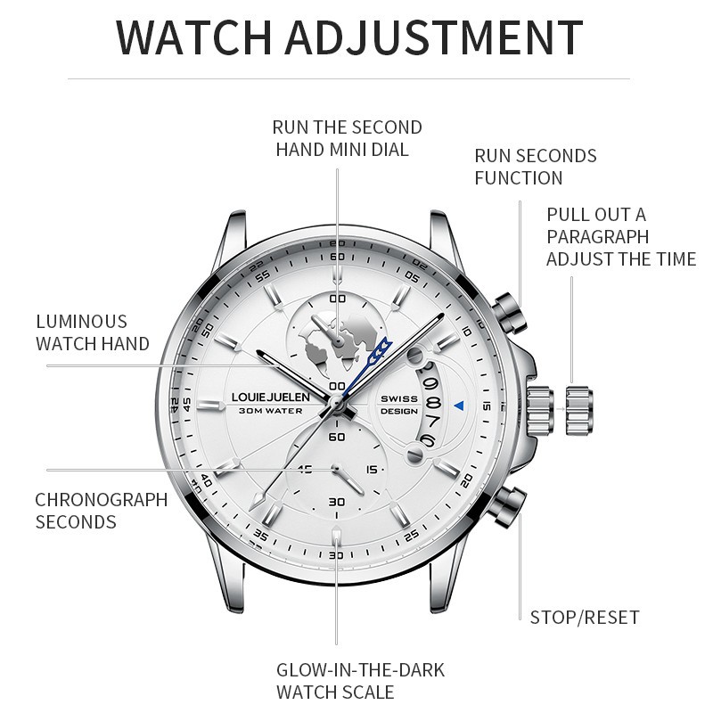 Men Genuine leather Watch Stainless Quartz Multi-functional Classic Wristwatch
