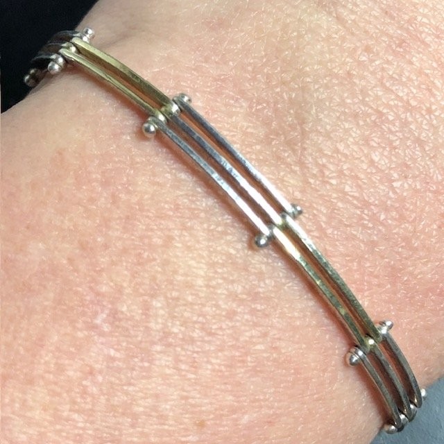 B0864 Sterling Silver bar Link 2-tone Bracelet 7.1 Inch Unique Design 9.6gr