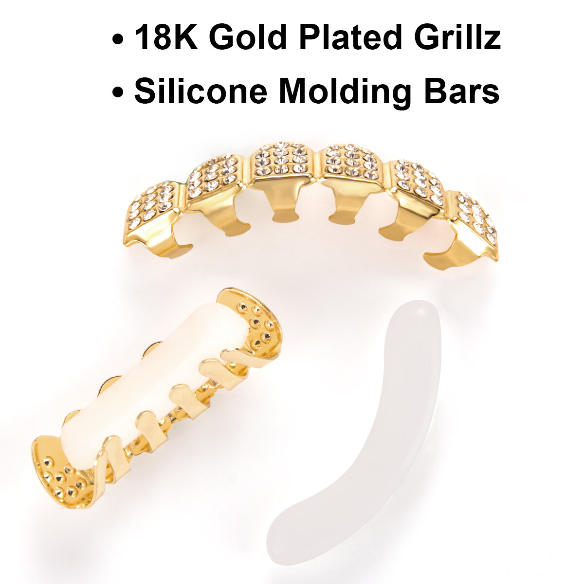 18K Gold/Silver/Black Plated Hip Hop Teeth Grillz Top Bottom Mouth Diamond Grill
