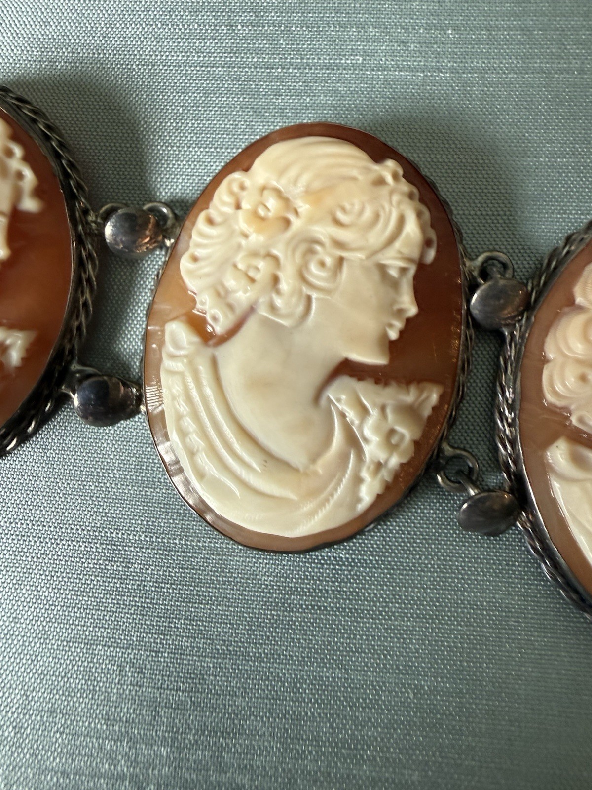 8 Inch Vintage￼Silver Cameo Bracelet, ￼ translucent Coral Color- 1.5 In Wide