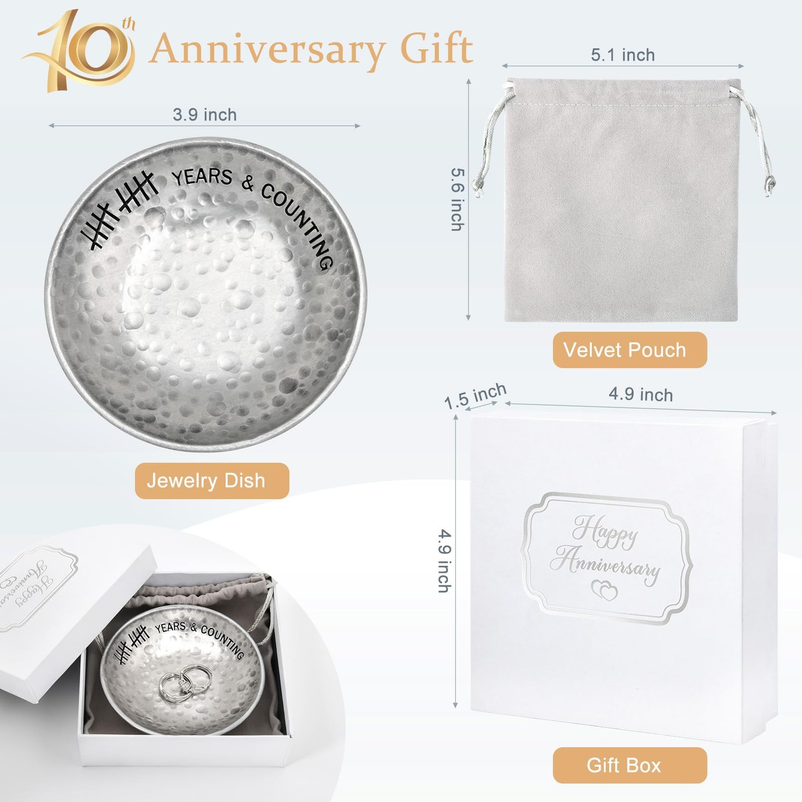 10 Year Wedding Anniversary Tin Gifts – 4″ Engraved Aluminum Jewelry Tray