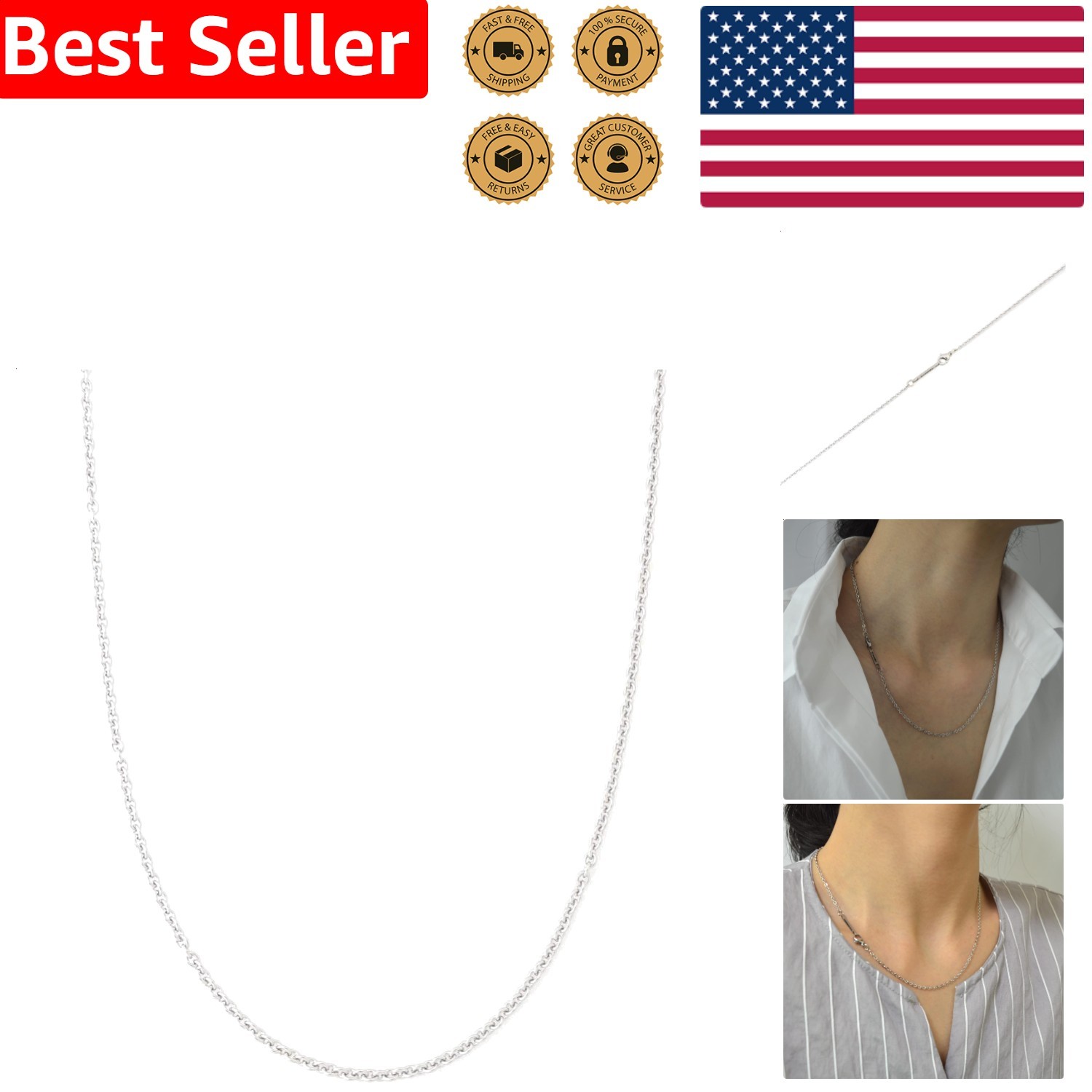 2MM Stainless Steel Cable Chain Necklace Thin Silver Men Women 16-30 Inch Dur…