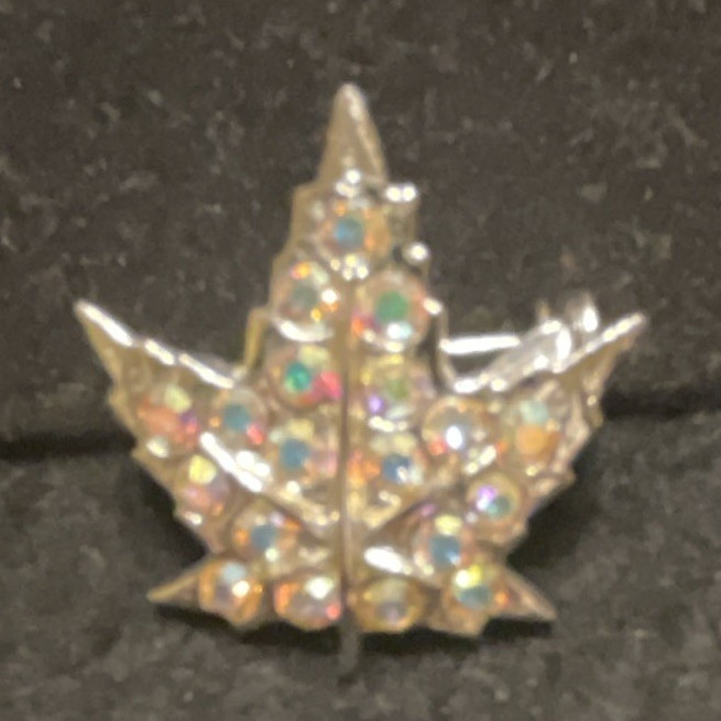Silver Tone Leaf Brooch Pin, Aurora Borealis Crystal Round Rhinestones