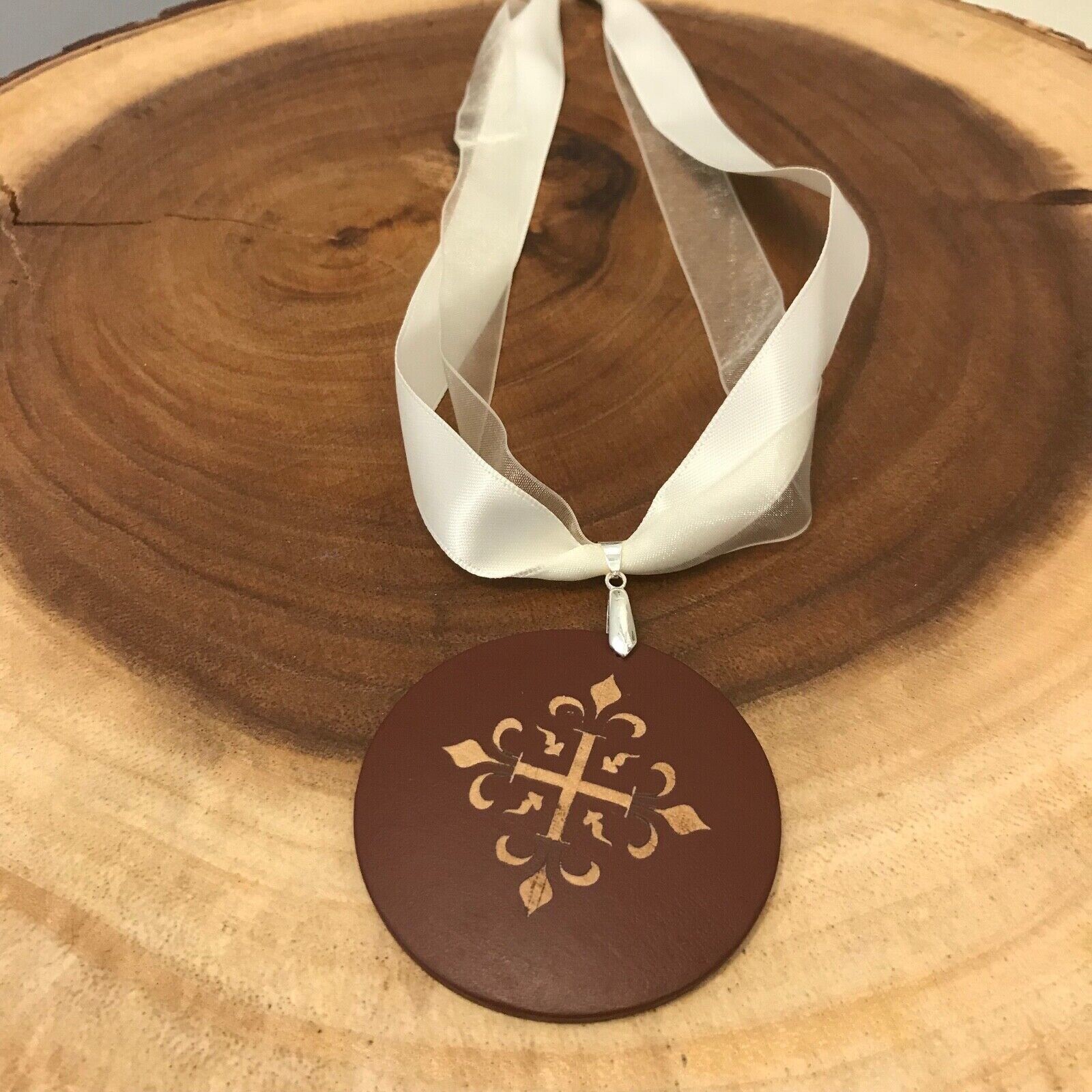 Brown Wood Pendant on an Ivory Organza Ribbon Necklace Silver Tone Metal