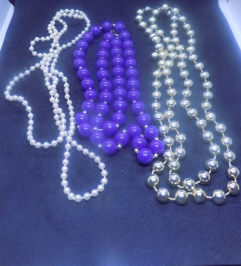 Vintage Set of 3 Beaded Strand String Necklaces , gold- white – purple (340)