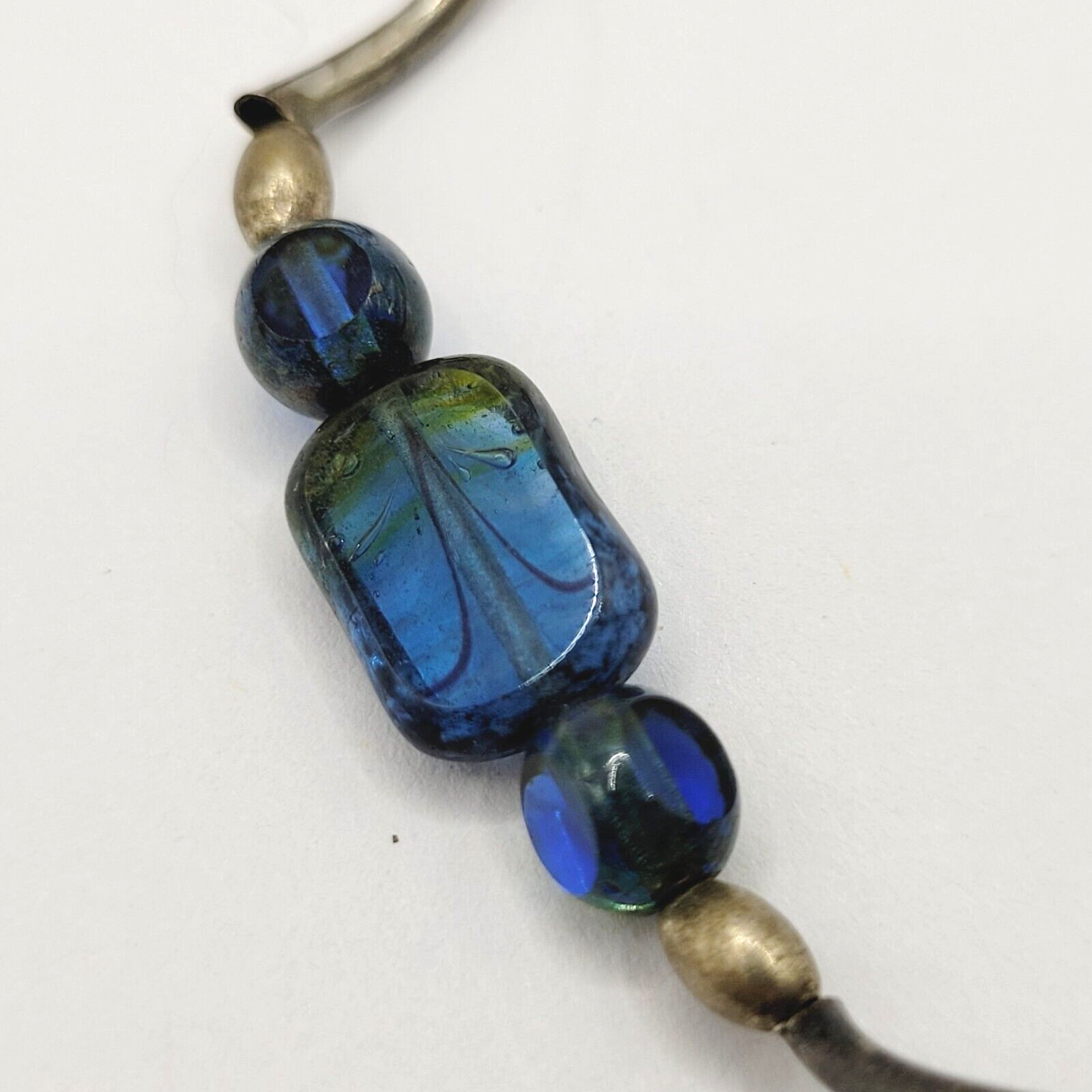 Vintage Blue Green Translucent Art Glass Necklace Wavy Silver Tone Alloy 18 in