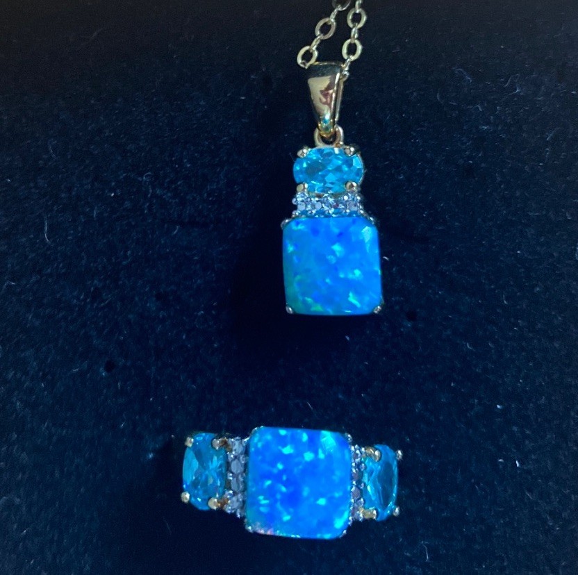 New TECHNIBOND Blue Lab Opal Topaz White CZ Necklace Ring Set HSN Lot