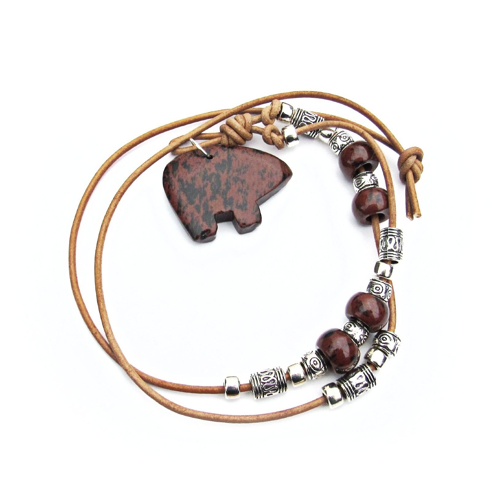 Fetish Mahogany Obsidian Bear, Long Real Leather Natural Tan Necklace,