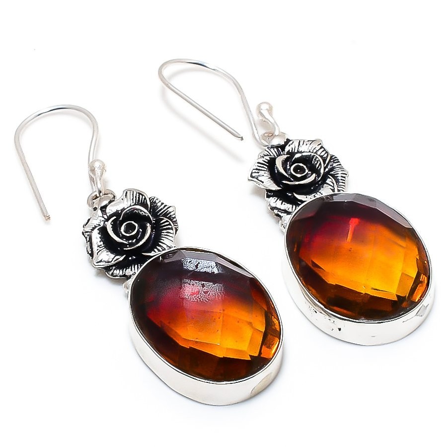 Handmade Hessonite Garnet Earrings | 925 Sterling Silver Rose Dangle Earrings
