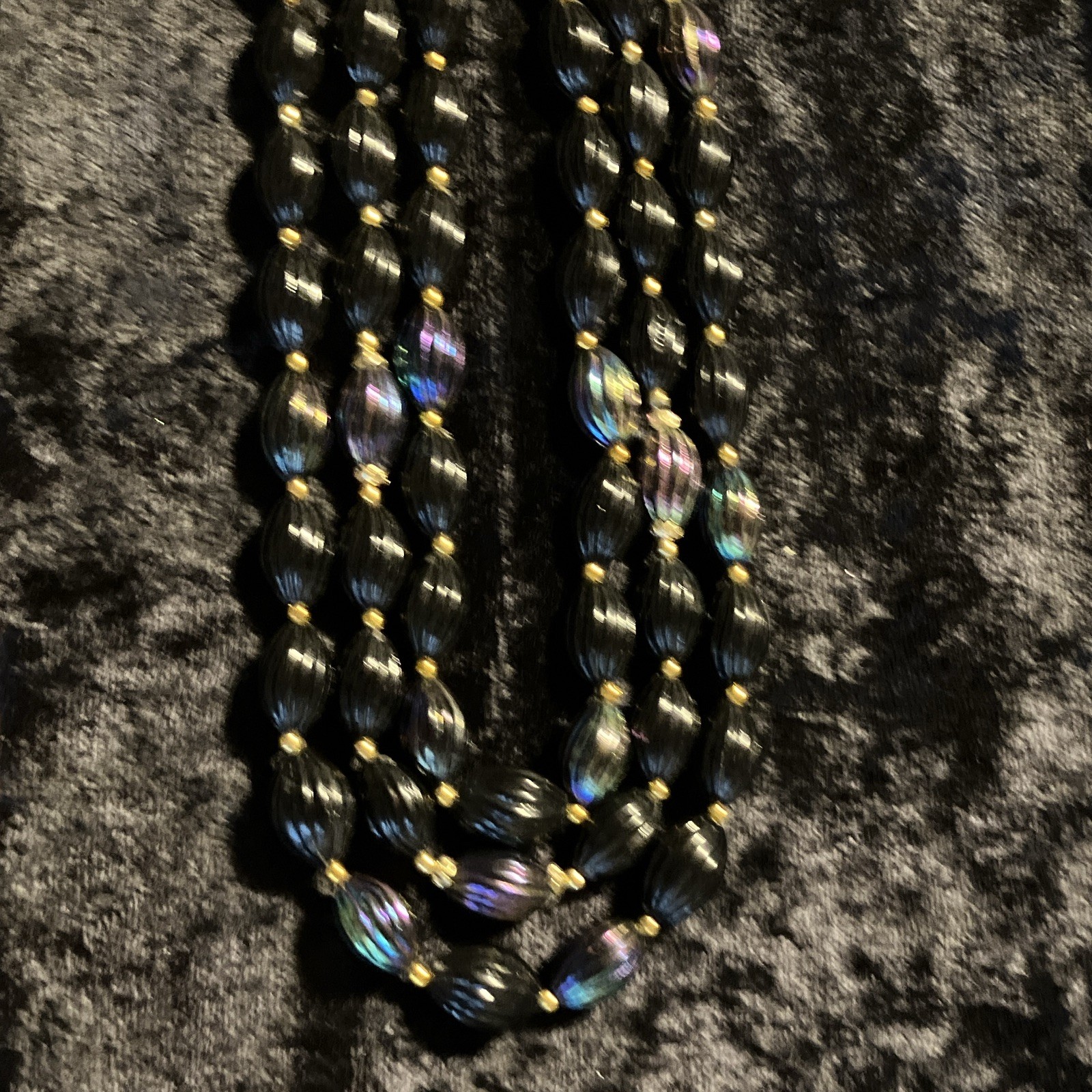 Vintage Multi-Strand Black Iridescent Beaded Necklace Gold Tone Beads Box Clasp