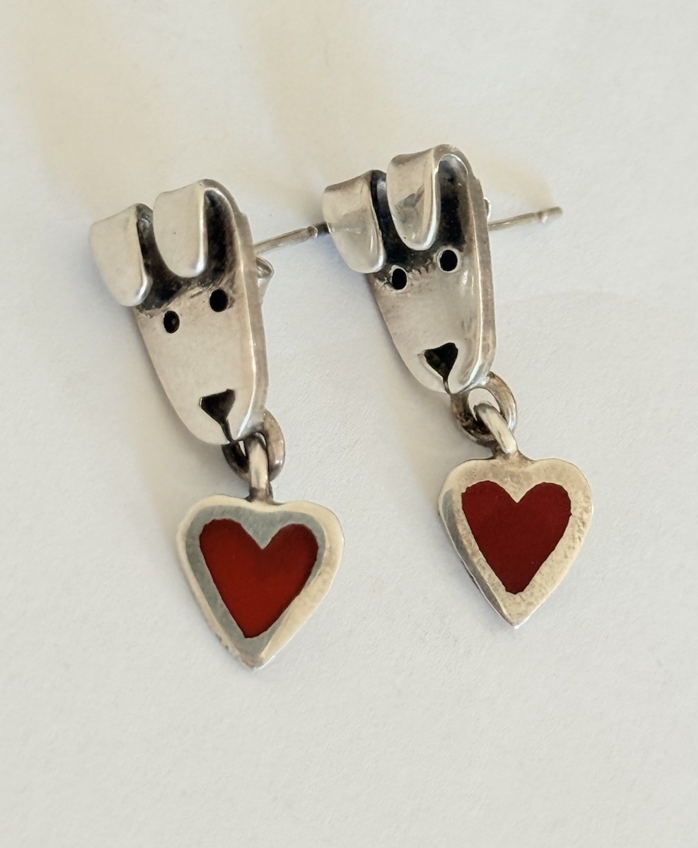 Vintage Anne Jane Harvey Mexico Sterling Silver Dog Puppy Heart Dangle Earrings