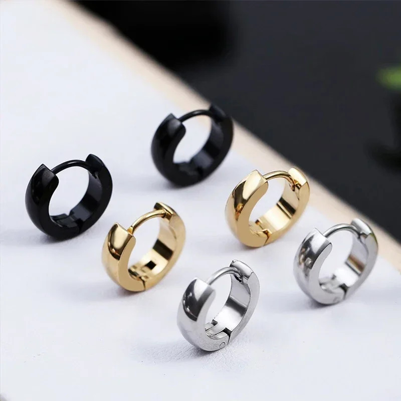 Black Hoop Earrings Stainless Steel Punk Gothic Smooth Circle Unisex Jewelry