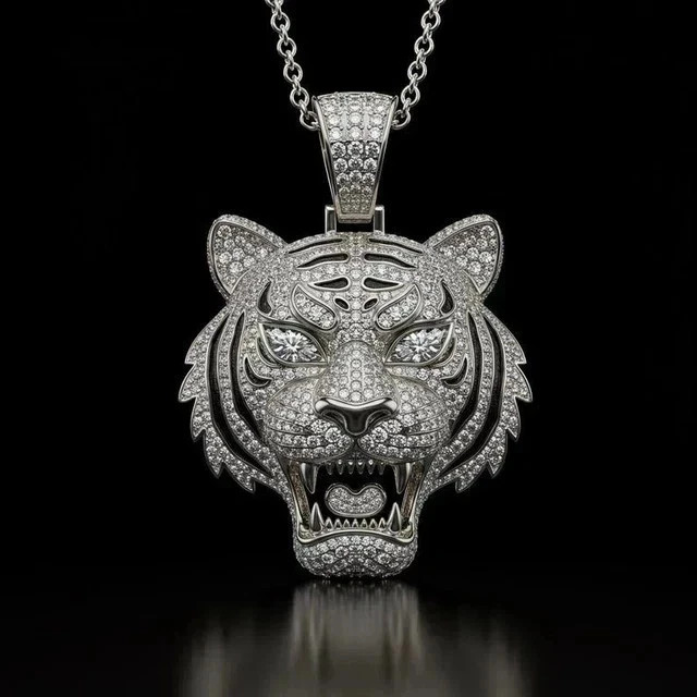 3.20Ct Round Cut Real Moissanite Tiger Face Men’s Pendant 14K White Gold Plated