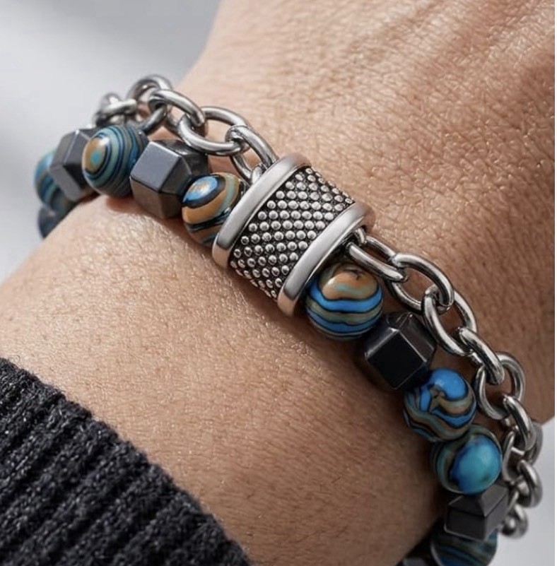 Double Strand Beaded Cable Chain Bracelet, Stainless Steel Toggle, Blue/Black