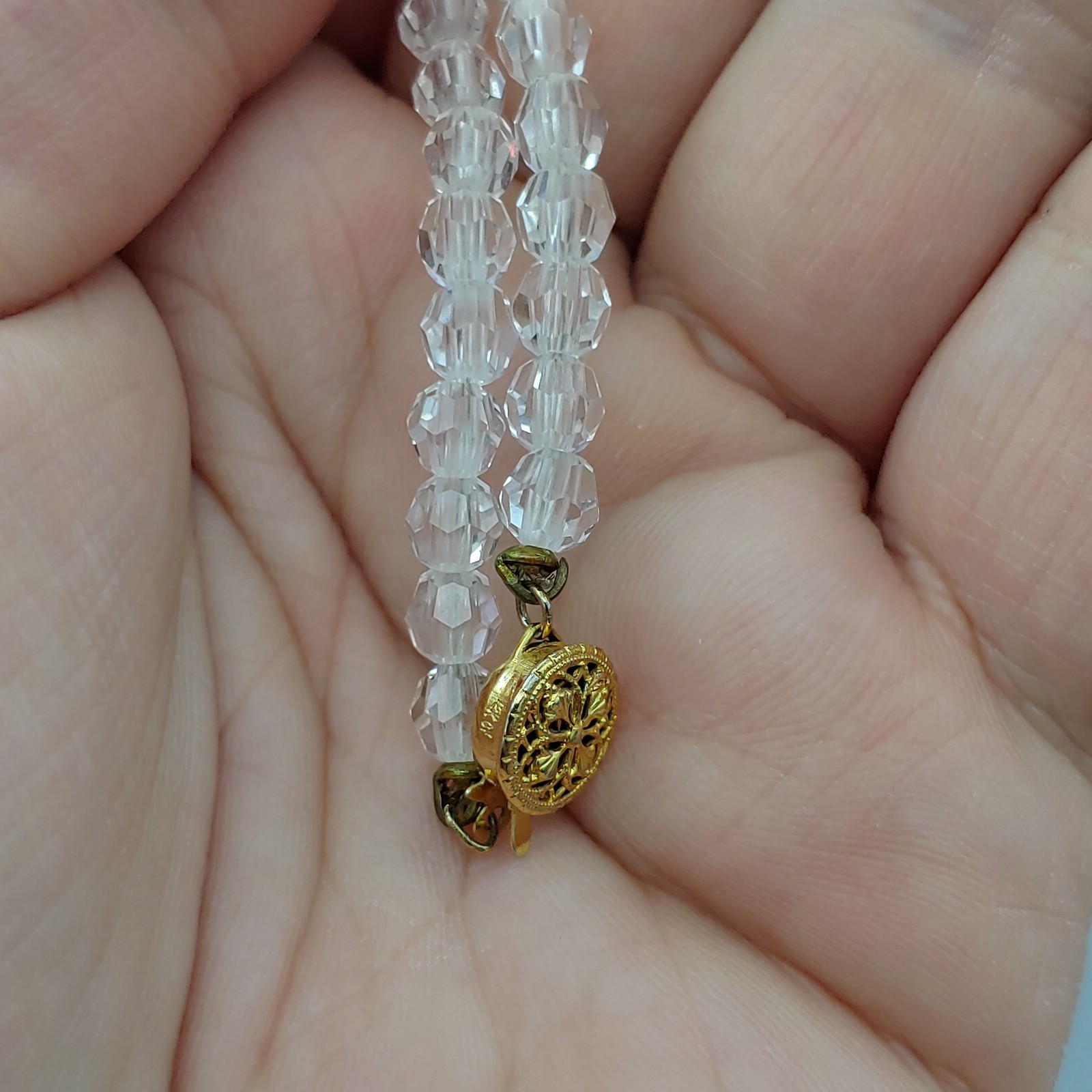 Diamond Quartz Crystal Necklace 12k GF 18″ 5mm Round Filigree Vintage