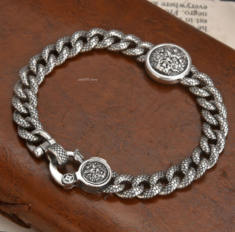 Solid Sterling Silver 925 Metal Purity Bracelet Dragon Head Curb Link Chain