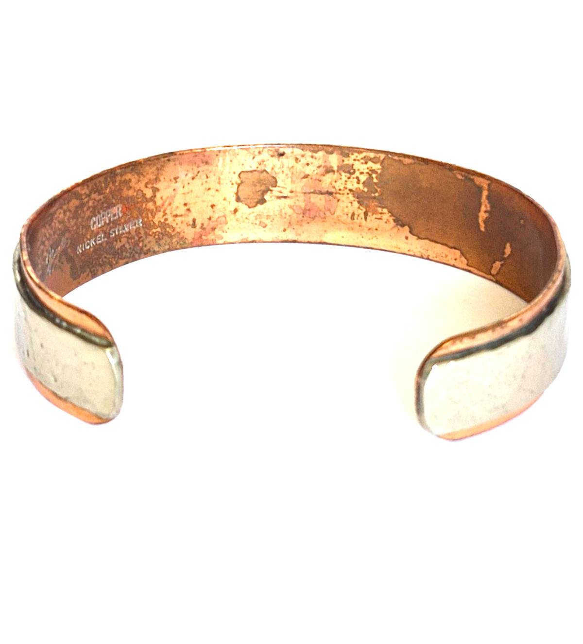 Vintage Signed NICOLE Copper & Nickle Silver Hammered Strap Wide Cuff Bracelet