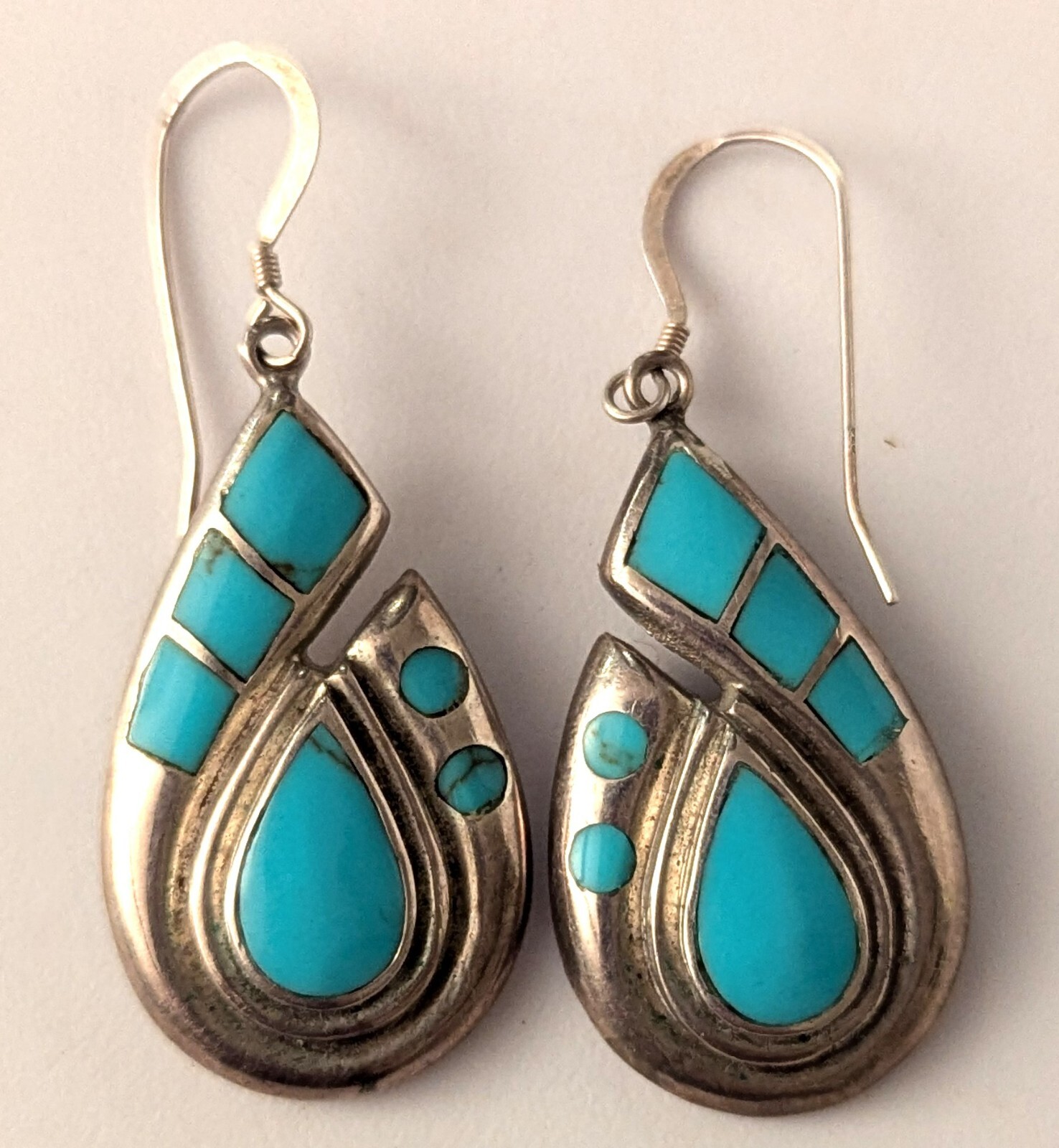 Zuni Turquoise Sterling Silver Dangle Earrings Teardrop Sandcast Mirror Image