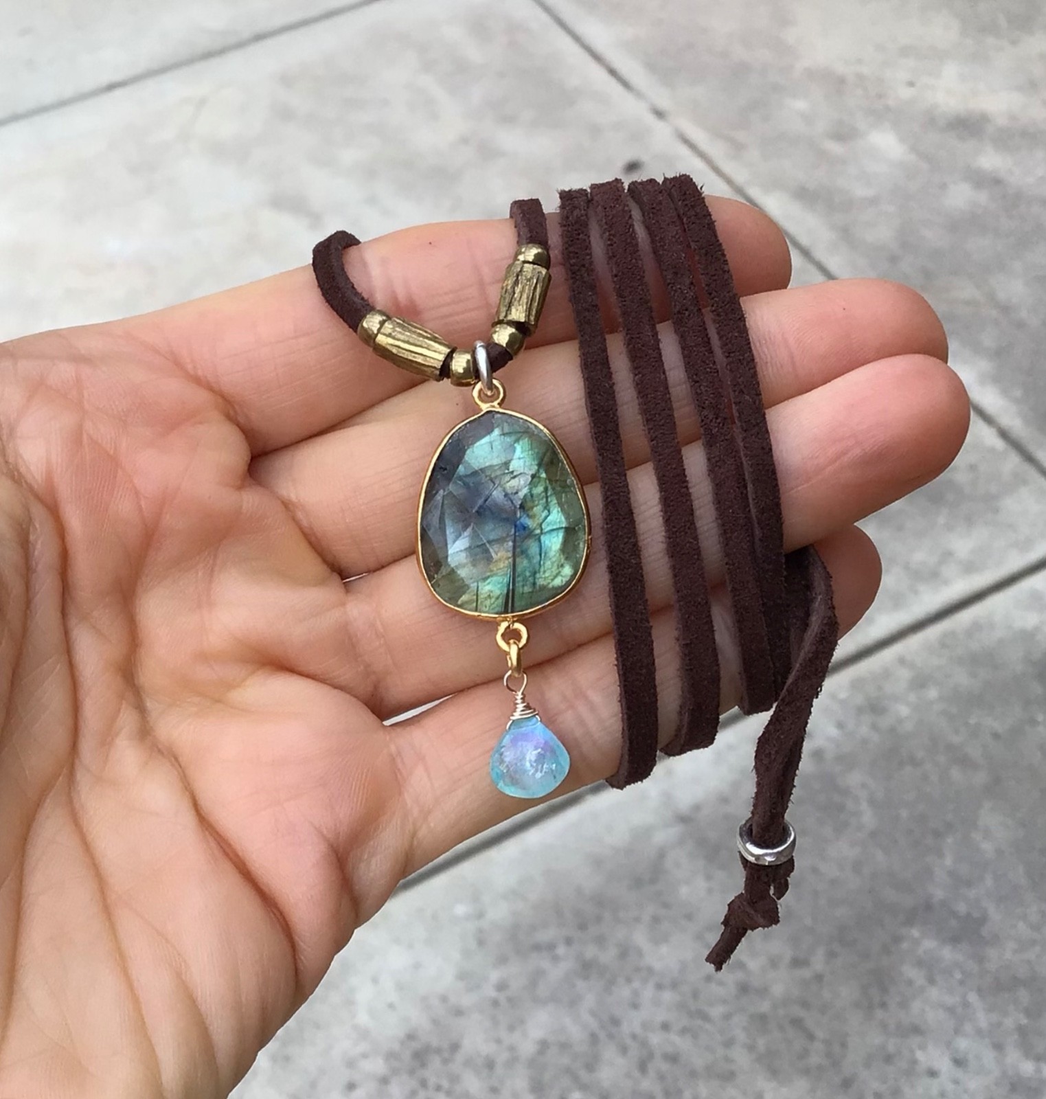 $270 Labradorite Aquamarine Sundance Charm Necklace leather suede cord jewelry