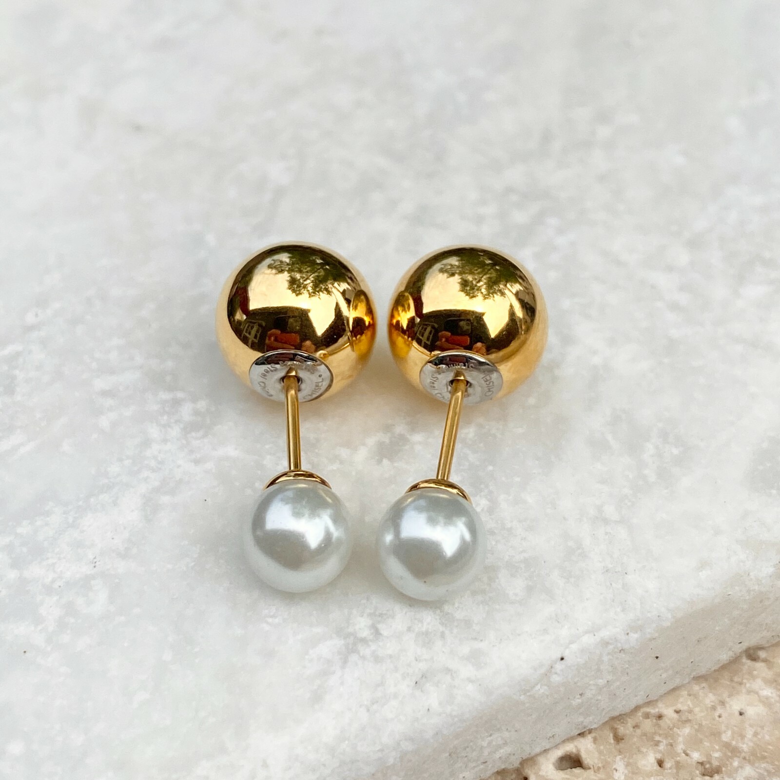 Stainless Steel Double Ended White Pearl + Gold Ball Post Stud Earrings NEW