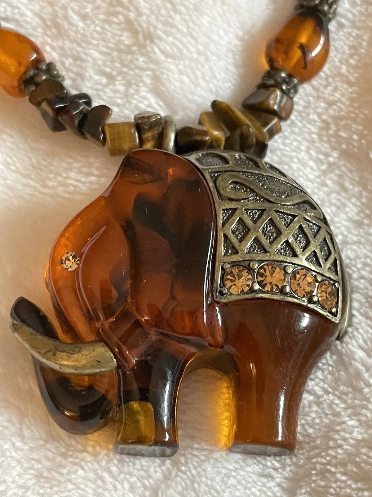 Vintage Boho Amber Elephant Pendant Necklace Brass, and Rhinestones.