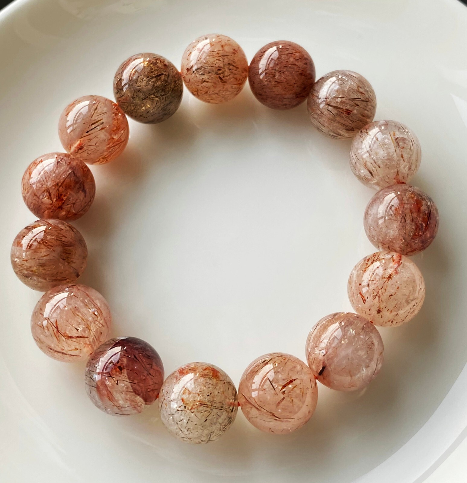 13.4mm Natural Red Gold Rutilated Quartz Crystal Beads Bracelet C758