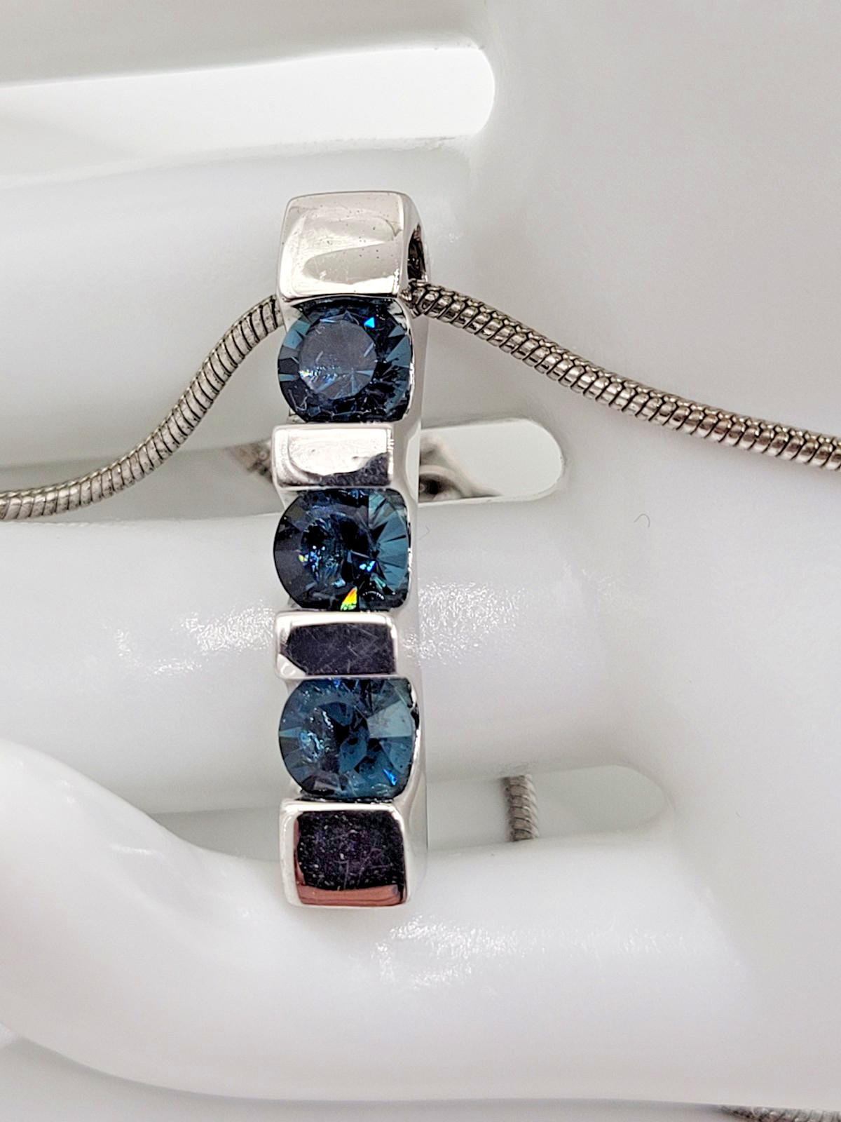 3 Bar Necklace Faux Sapphire Blue Silvertone Setting 16″ to 18″ Y2K