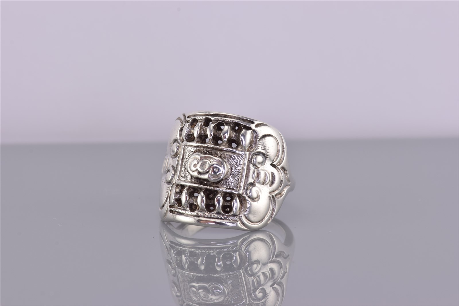 Sterling Silver Ornately Detailed Shield Split Band Ring 925 Adj Sz: 8