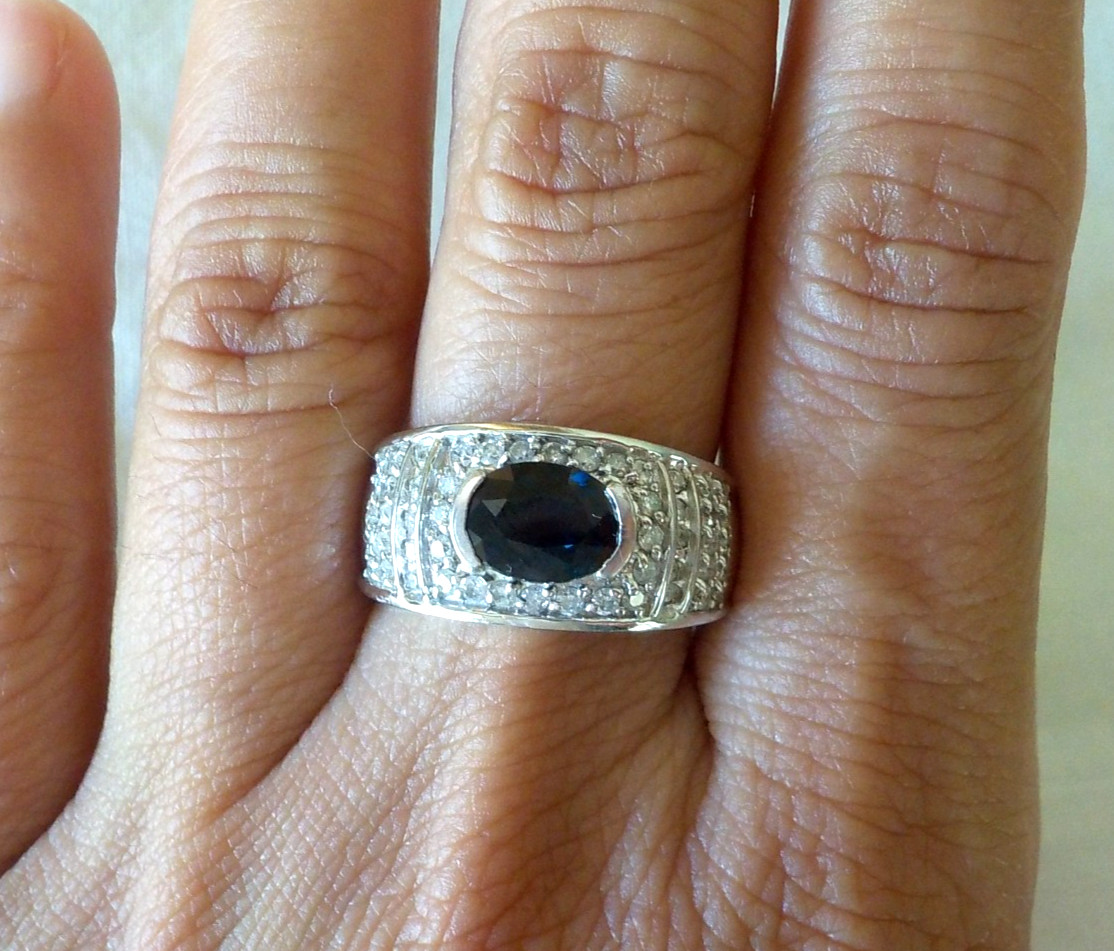 14k White Gold Solitaire Sapphire Diamond Ring – 6.80 gms, Sz 6.75, 1.86 ctw