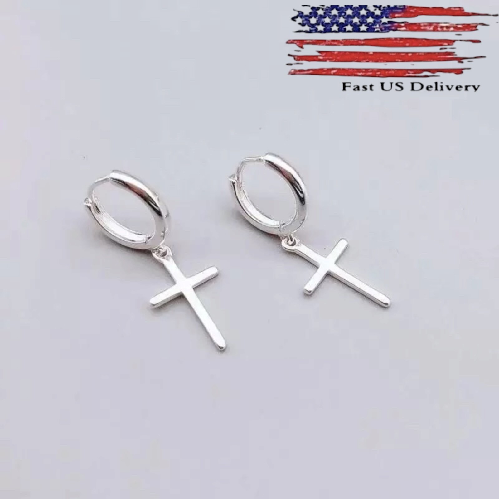 A Pair Men Women 925 Sterling Silver Cross Hoop Dangle Huggie Drop Earrings A98