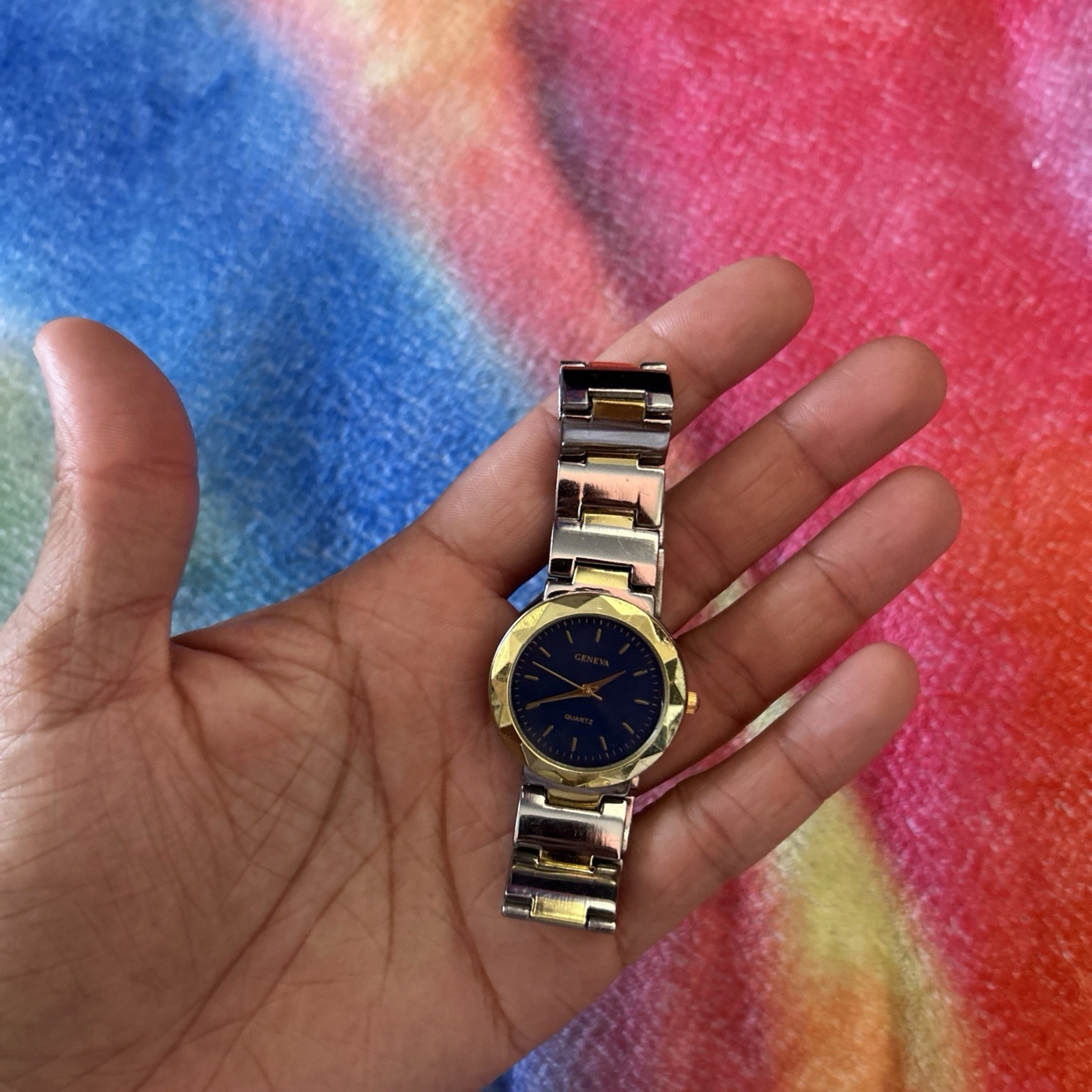 Geneva Quartz Blue Face and Gold and Silver Tone Band Watch