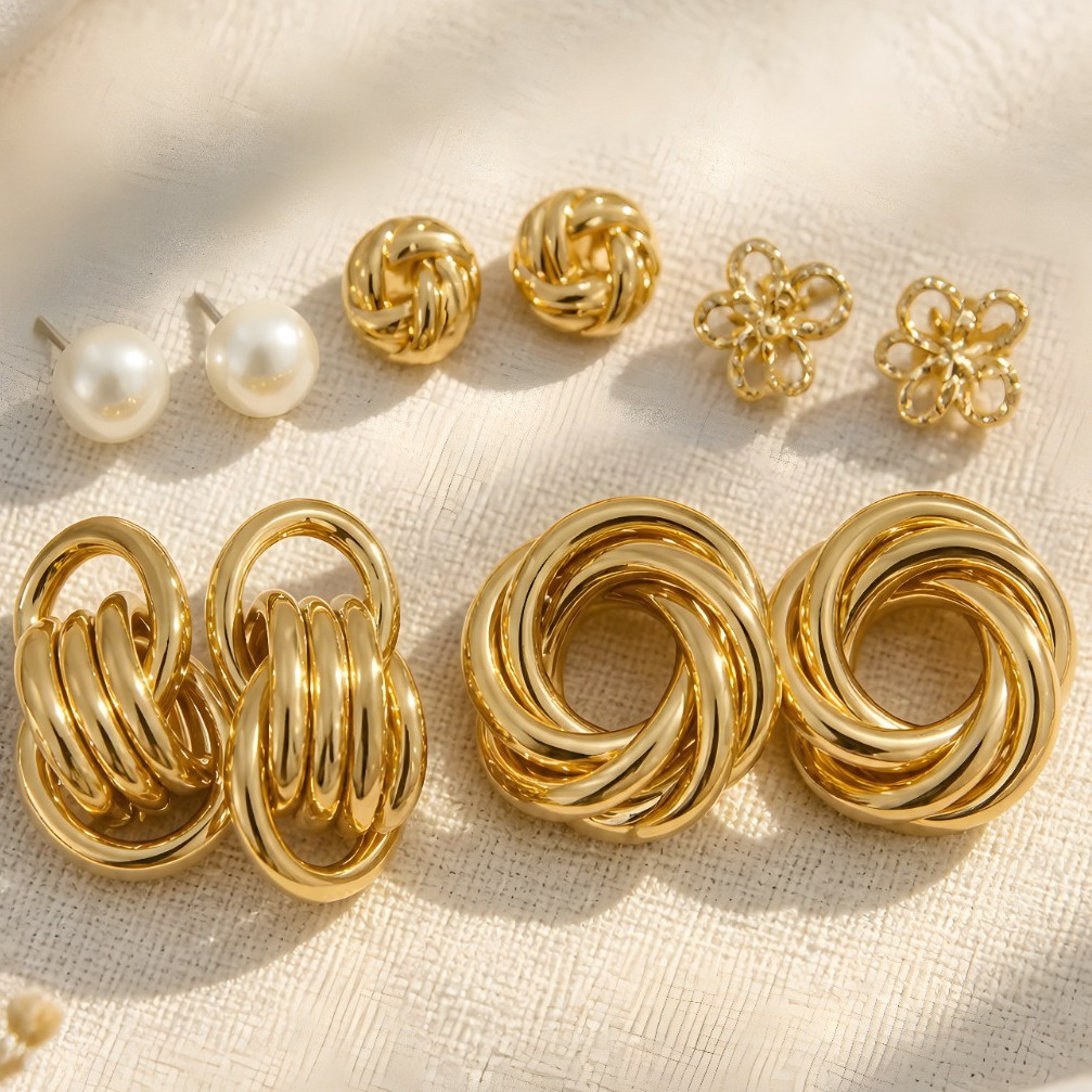 Gold Tone Knot Hoop Earrings & White Round Imitation Pearl Stud Set