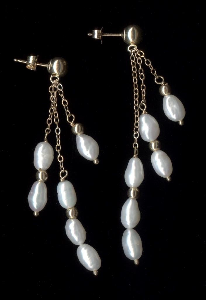 14K 3.17 Gram 55mm Solid Yellow Gold Rice Pearl Chain Strand Tassel Earrings ~KY
