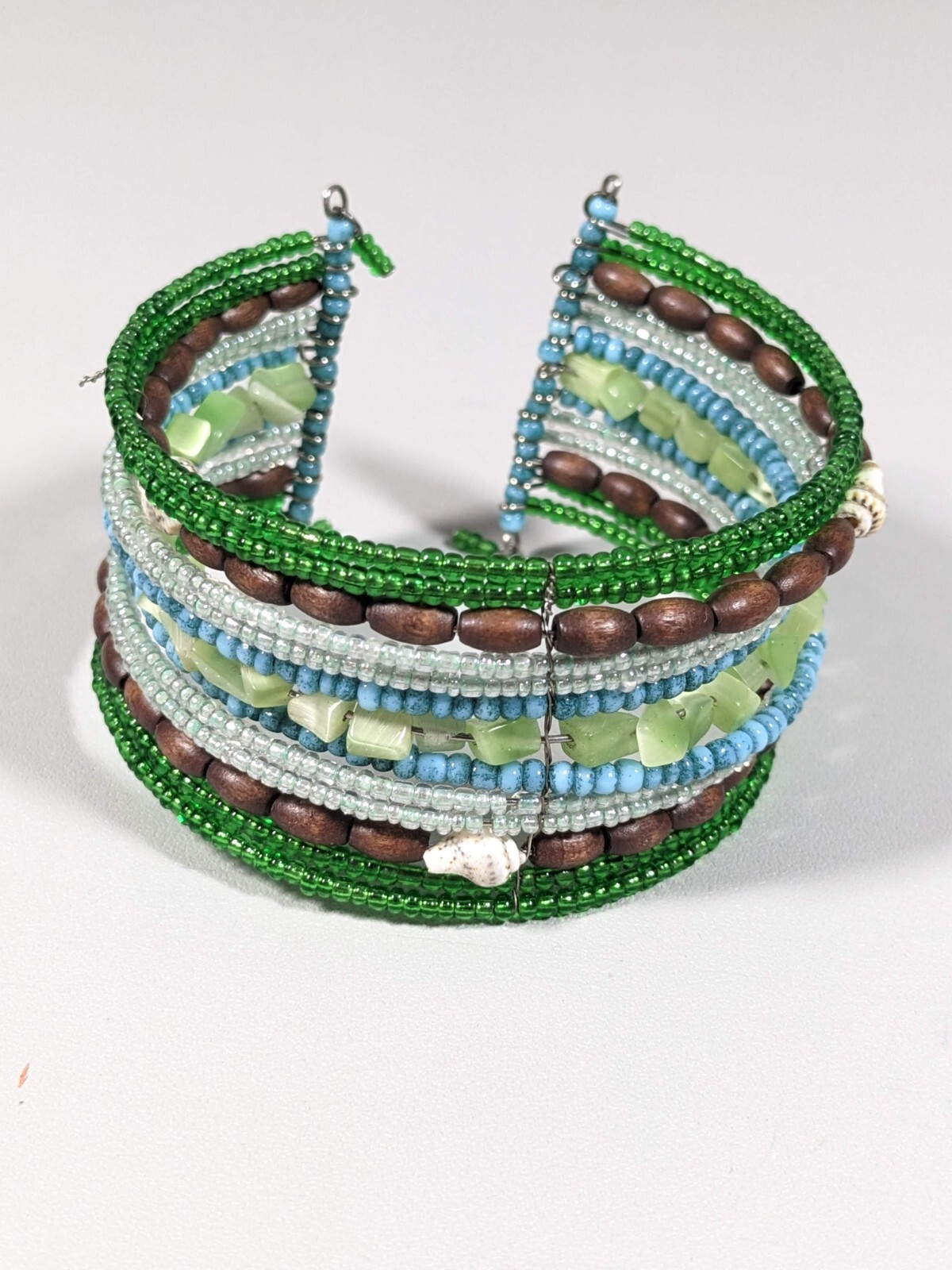 Green Blue Glass Brown Wood Shell Wide Open Cuff Bracelet 7.25 inches