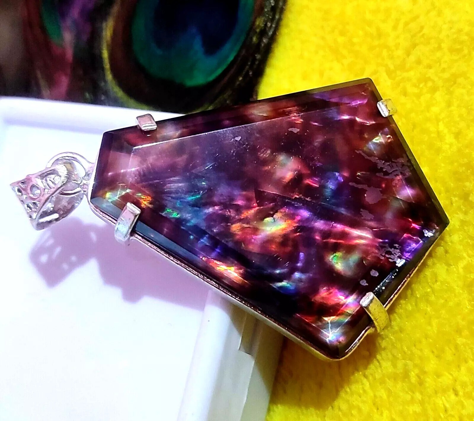 Natural Fancy Cut Pendant 92.57 Ct Ammolite Loose Gemstone 925 Sterling Silver