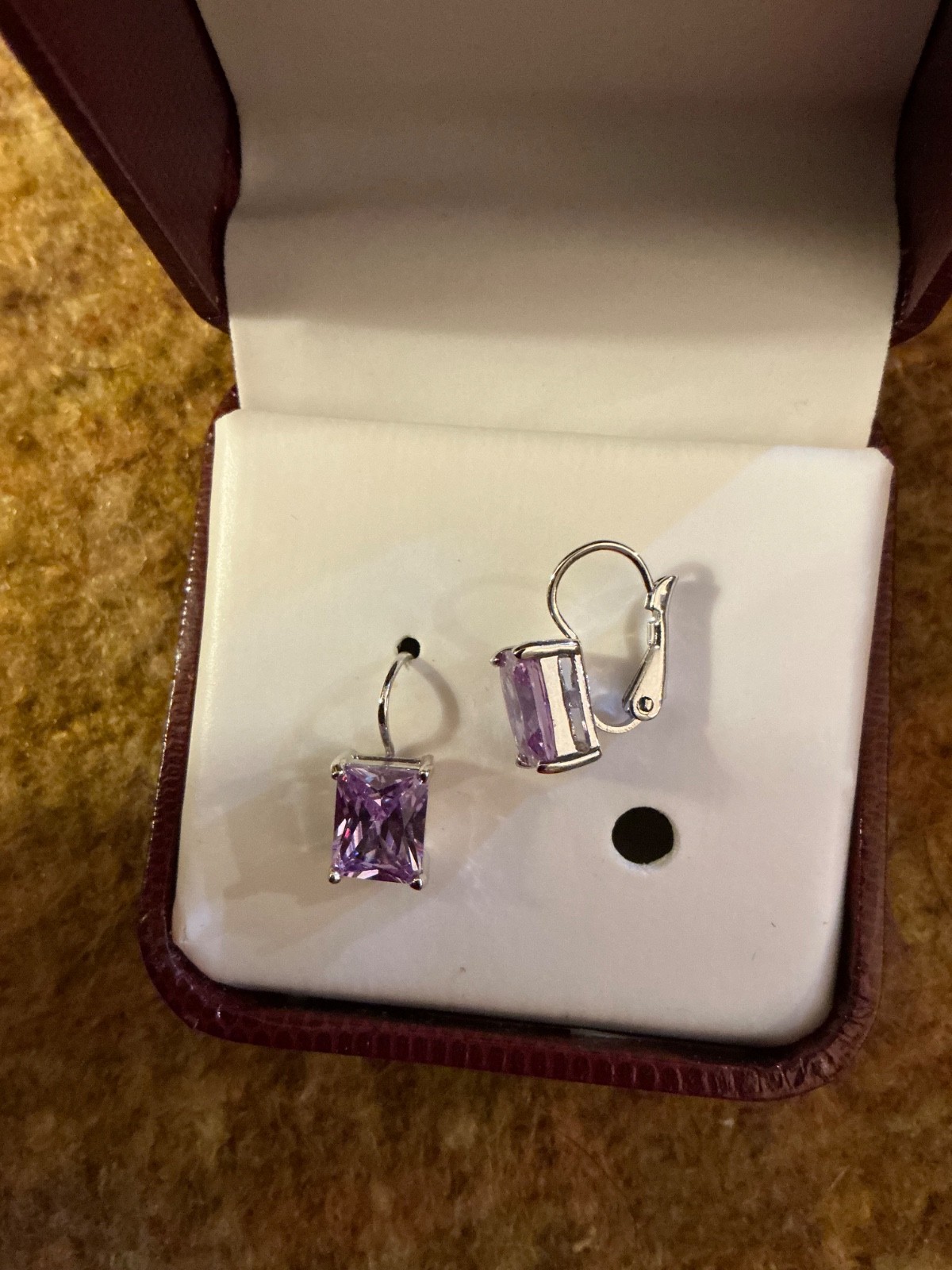 Tivoli Lavender Emerald Cut CZ Leverback Earrings Silver Tone Purple Crystal
