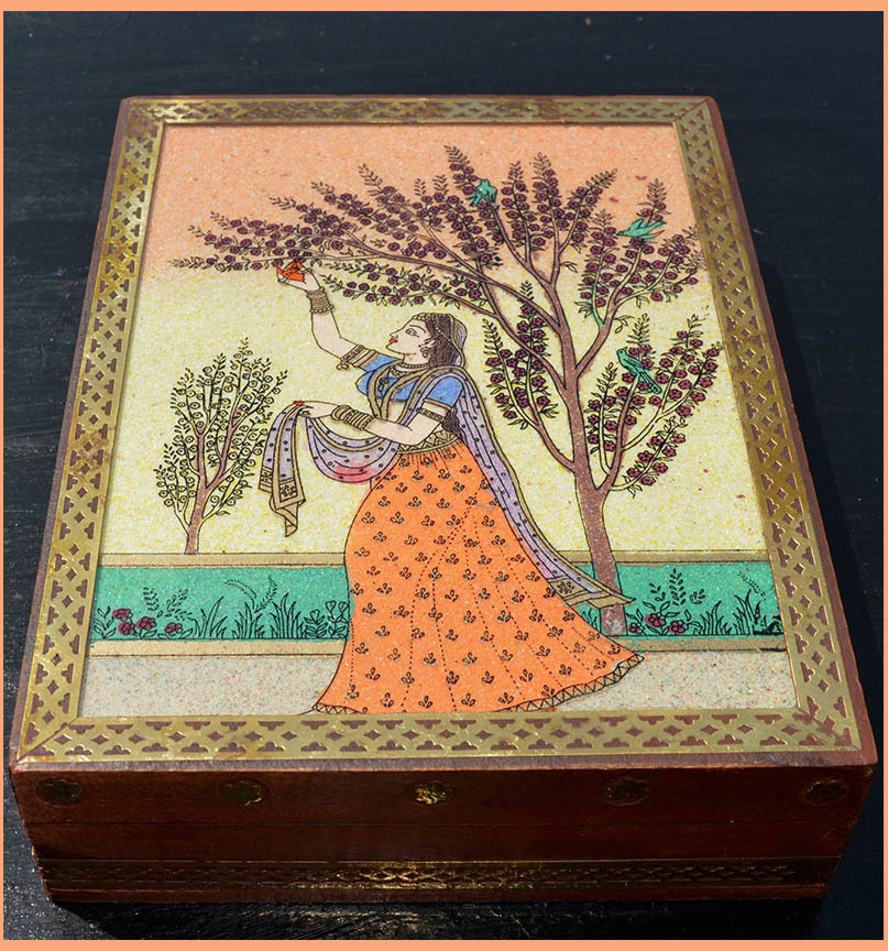Jewelry Box with Glass Gem Stone Painting and Brass Border from India