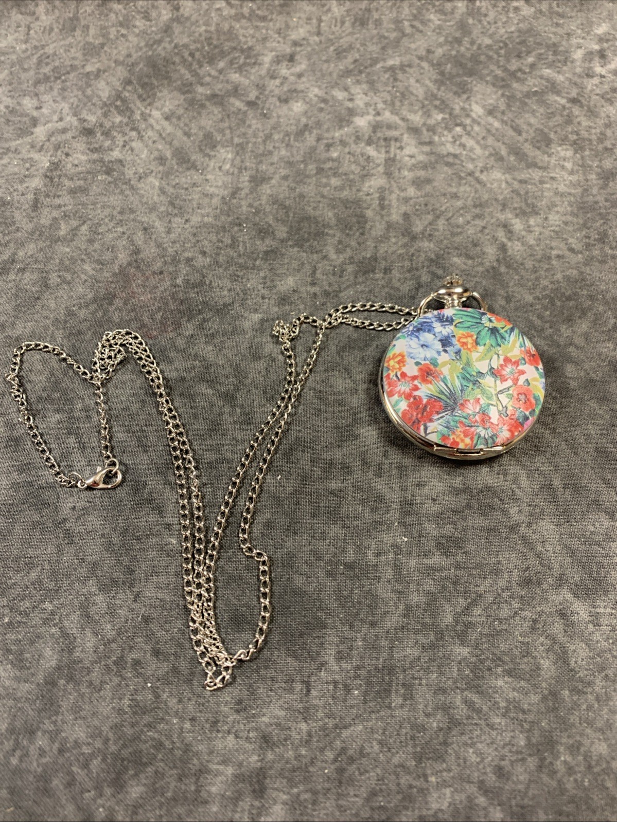 Strada Pocket Watch Necklace Silver Case & 26” Necklace Floral Painted Top W/Box