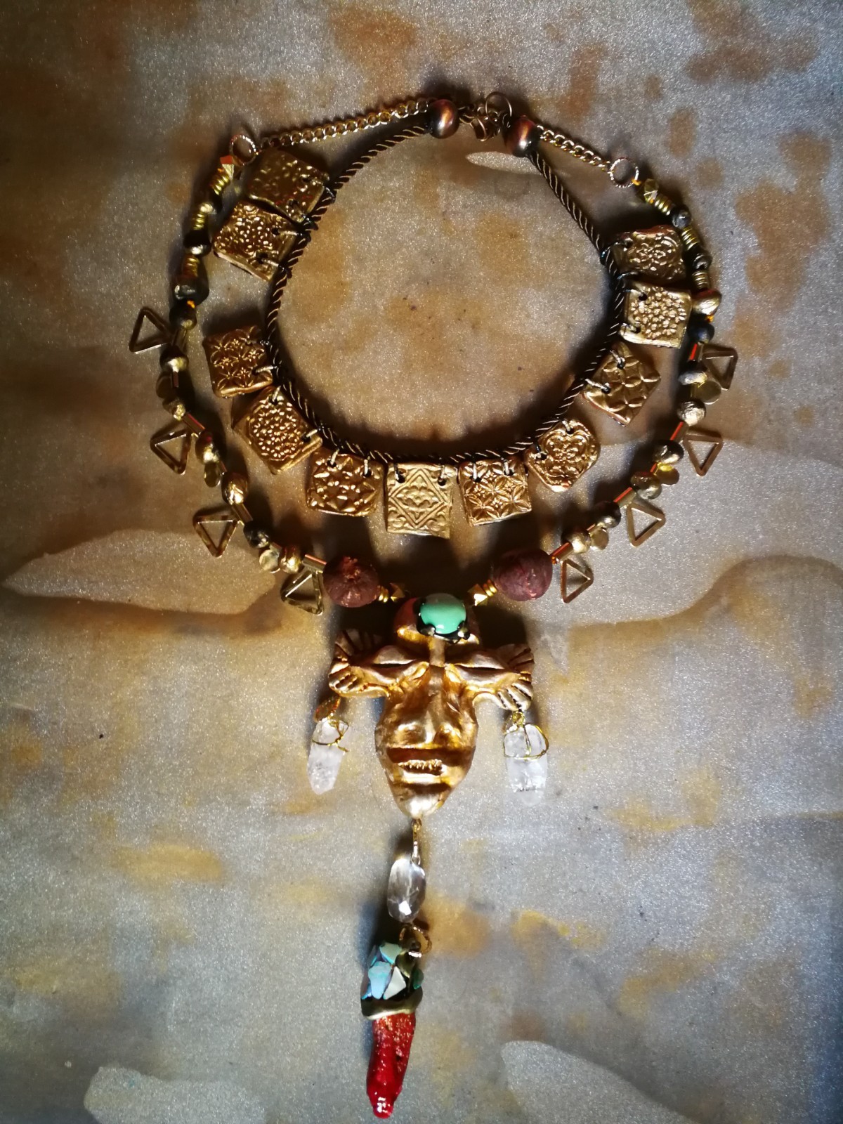 Statement Luxury Necklace Jewelry Pendant Tribal Mask Sculpture Horn & Gemstone