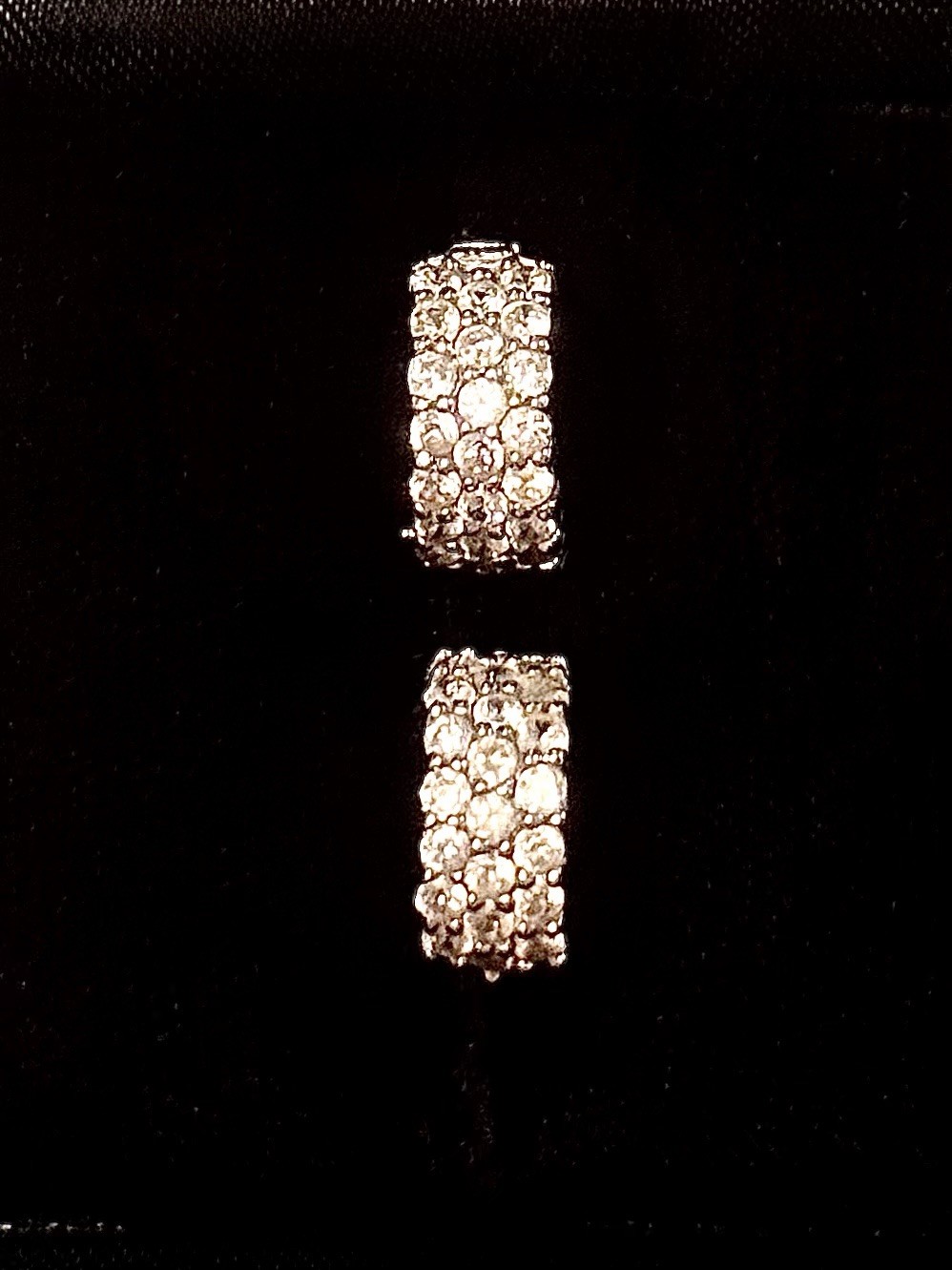 14 KT WHITE GOLD/3 ROW PAVE SET CZ HUGGIE HOOP 12.7 MM EARRINGS / 2.25 GRS