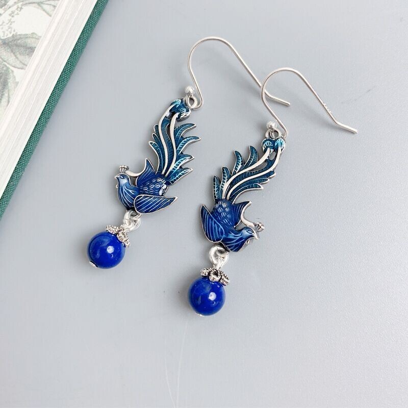 925 Silver Plated Cloisonne Phoenix Earrings Tassel Dangle Drop Vintage Gift